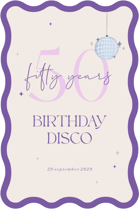 Uitnodiging 50 jaar met paars in originele vorm