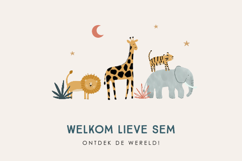 Felicitatiekaart geboorte zoontje met illustratie jungledieren