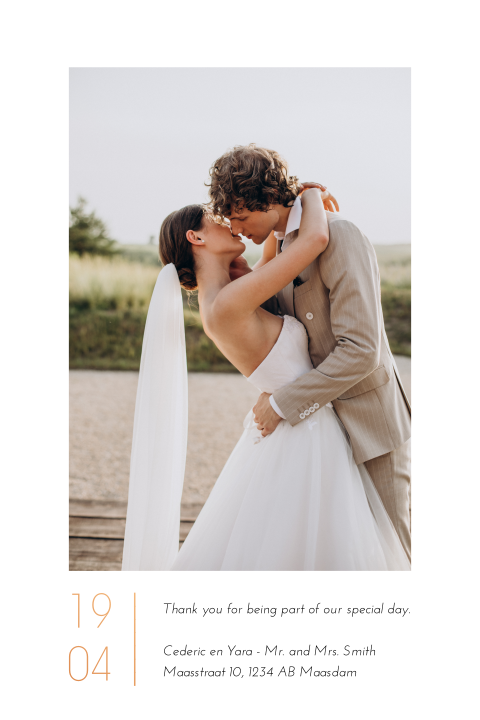 Bedankkaart bruiloft met foto en koperfolie