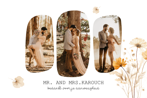 Bedankkaart bruiloft met eigen foto's en bloemen in geel en beige