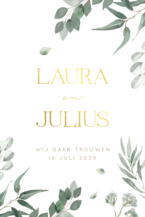 Trouwkaart botanische stijl met goudfolie