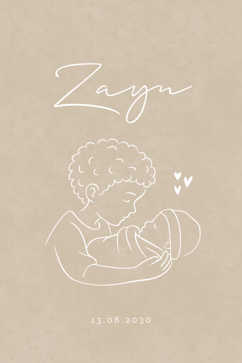 Geboortekaartje in beige voor tweede kindje met lijntekening