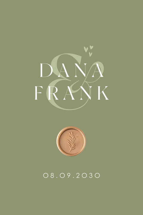 Elegante trouwkaart olijfgroen met tijdloos design en lakzegel