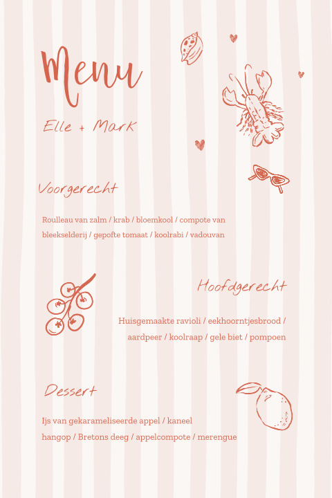 Menukaart bruiloft in Italiaanse stijl met strepen en illustraties