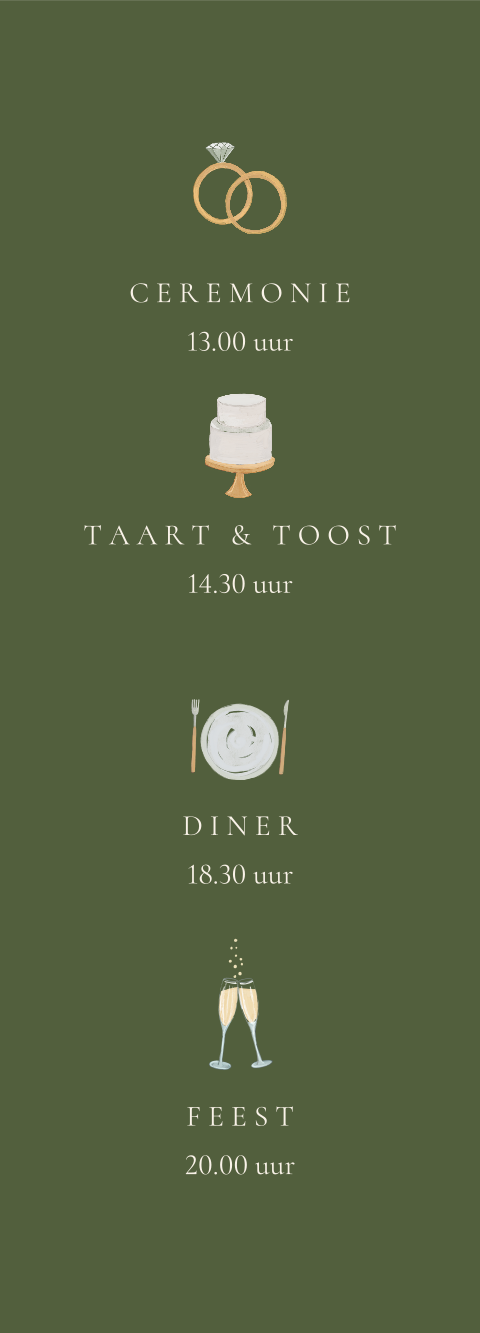 Dagprogrammakaartje bruiloft donkergroen in stripvorm