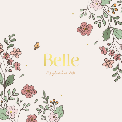 Vrolijk geboortekaartje met bloemen, vlinders en foliedruk