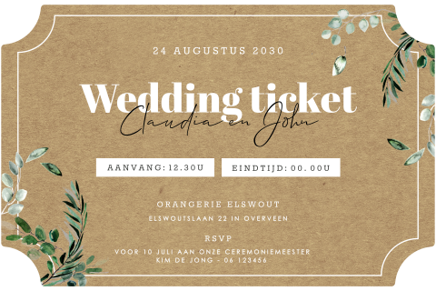 Stijlvol ticket wedding festival met eucalyptus takjes op kraftlook