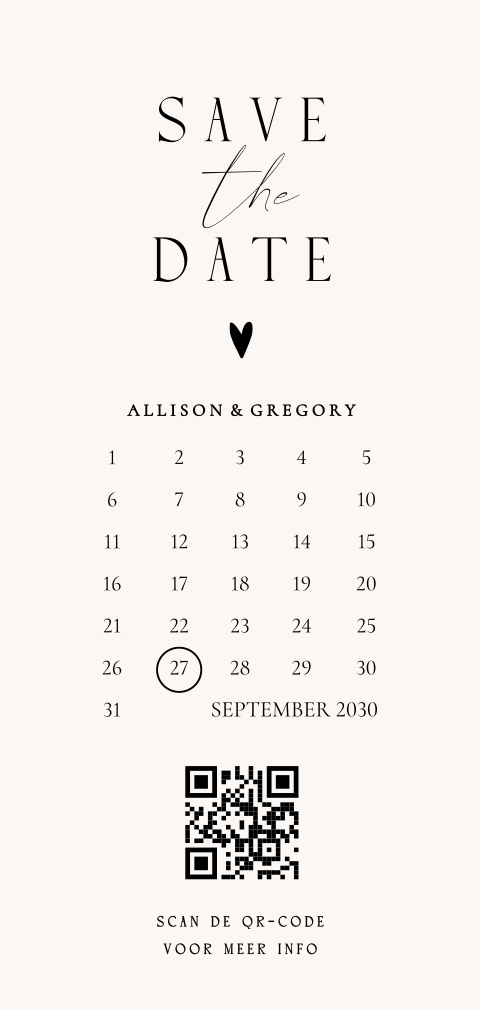 Save the date met klassieke typografie en kalender