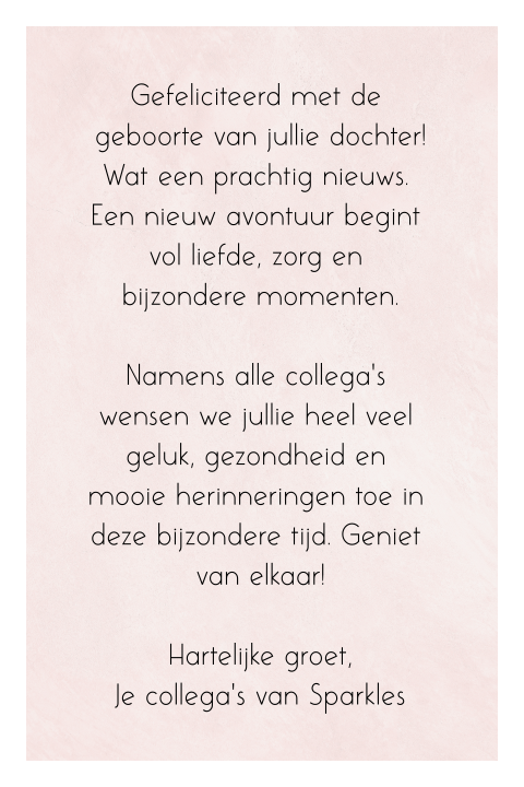 Geboortefelicitatiekaart in zachtroze met elegante tekst