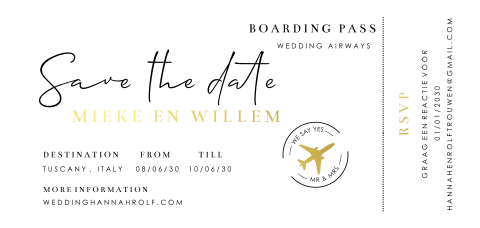 Save the Date in vorm van boarding pass met goudfolie