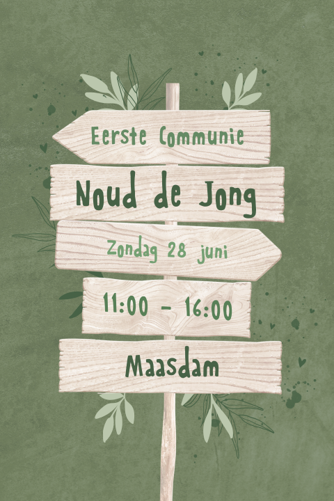Uitnodiging communie in groen met wegwijzer