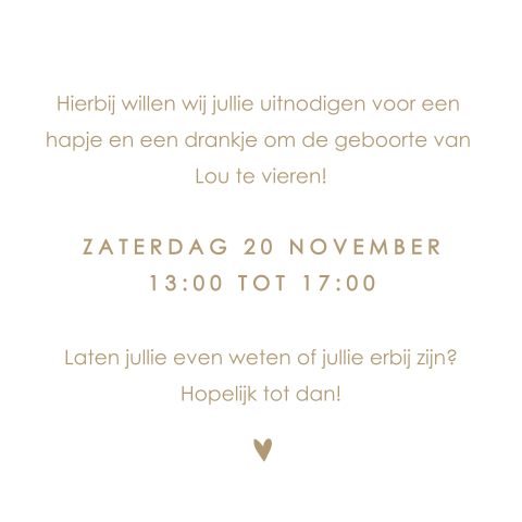 Neutraal kraamborrelkaartje stijlvol met hartje
