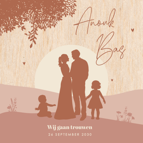 Trouwkaart met silhouetten van jullie eigen gezin op berkenhout