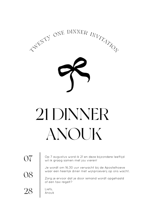 Uitnodiging 21 diner zwart wit met strik