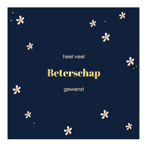 Beterschapskaartje met bloemen en goudfolie op donkerblauw