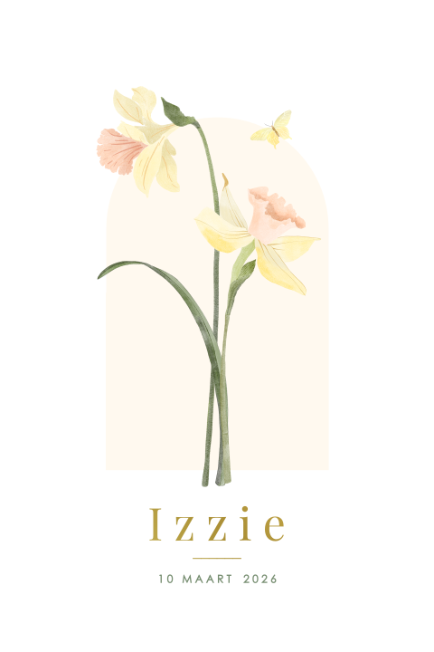 Geboortekaartje meisje met narcis en goudfolie