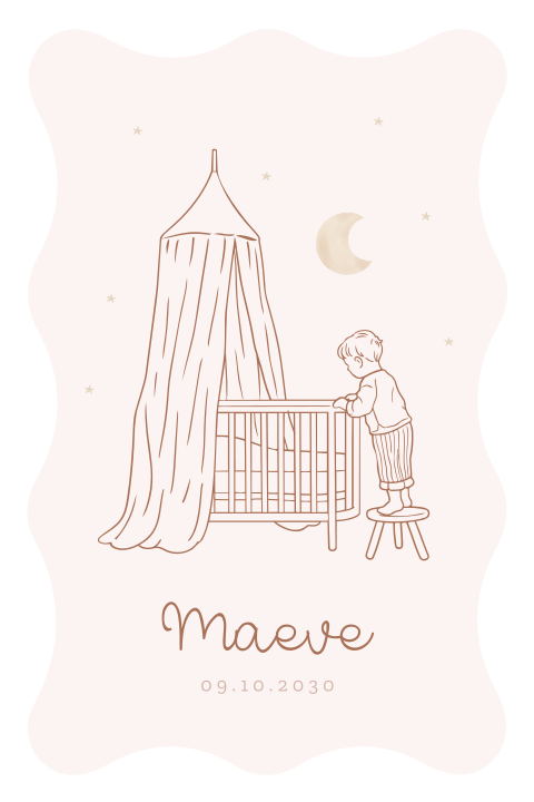 Beige geboortekaartje in originele vorm met lijntekening