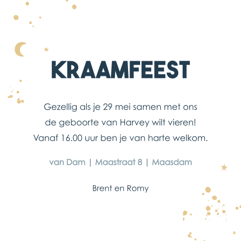 Kraamfeest uitnodiging maan sterren