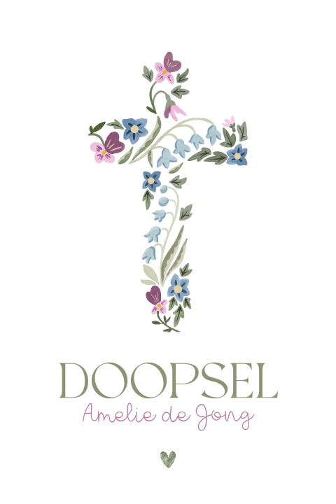 Doopkaartje ronde hoeken met kruis van bloemen
