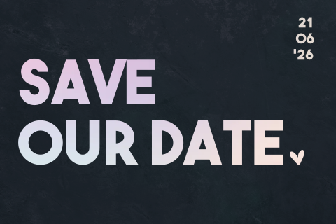 Stijlvolle Save the Date kaart met holografisch folie op zwart