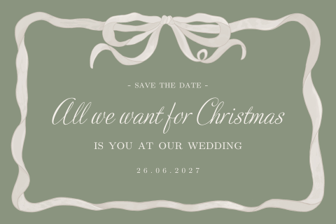 Kerst save the date met ronde hoeken en romantisch kader met strikje