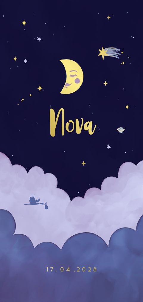 Dromerig geboortekaartje met nacht maan en goudfolie