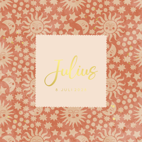 Geboortekaartje zon/maan patroon in terracotta met goudfolie