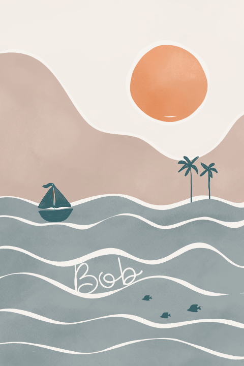 Geboortekaartje met zon, zee, strand en zeilbootje