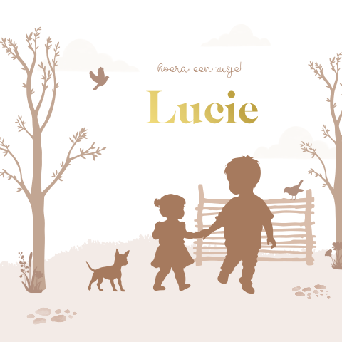 Geboortekaartje voor een zusje met silhouet en goudfolie