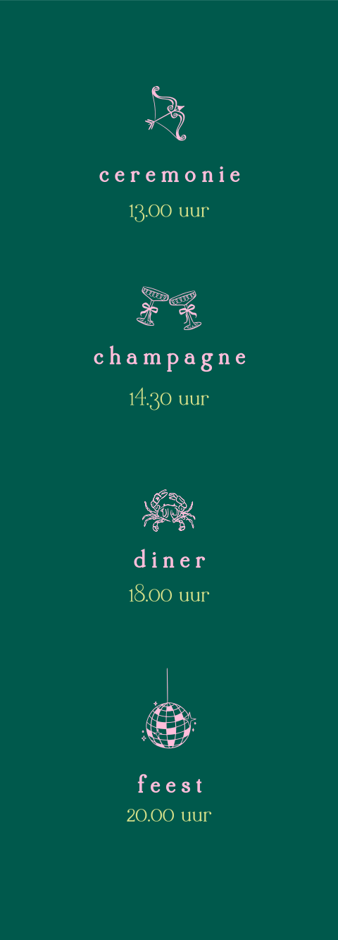 Dagprogrammakaartje strip voor bruiloft in donkergroen met roze