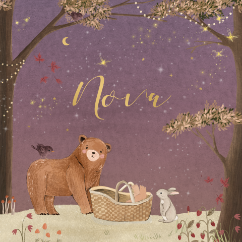 Geboortekaartje meisje met dieren in betoverend bos en mat goudfolie