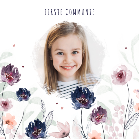 Eerste Communie uitnodiging met bloemen en foto