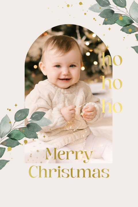 Kerstkaart botanisch met foto en goudfolie