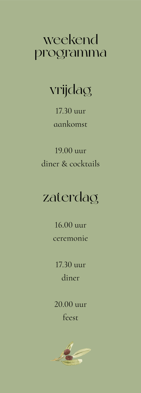 Dagprogramma kaartje bruiloft strip met olijven