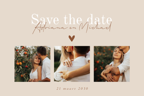 Stijlvolle save the date in beige met foto's en hartje