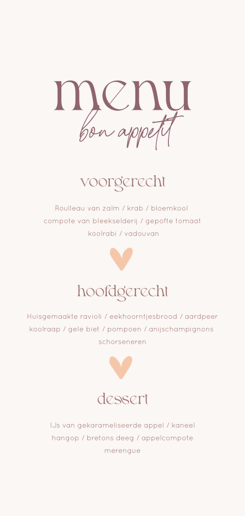 Menukaart bruiloft met ronde hoeken en neutrale kleuren