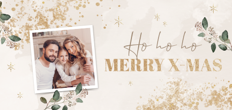 Kerstkaart met takjes, foto en gouden details