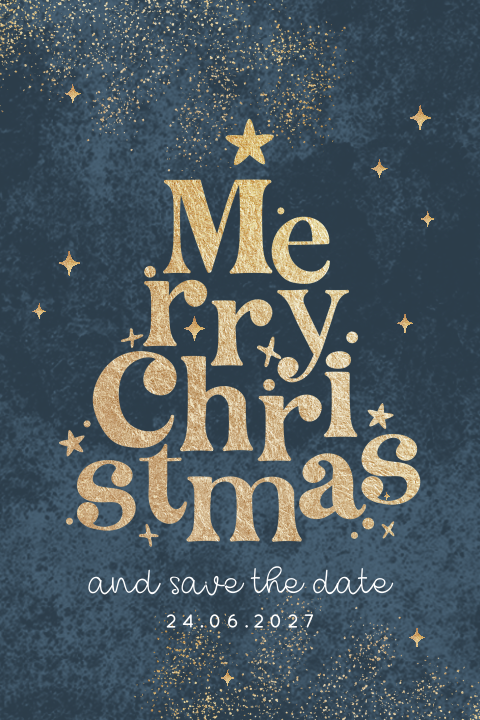 Save the date kaart kerst met gouden letters in kerstboomvorm