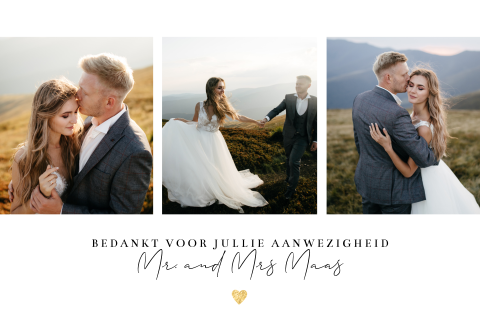 Bedankkaart bruiloft met foto collage en gouden hartje