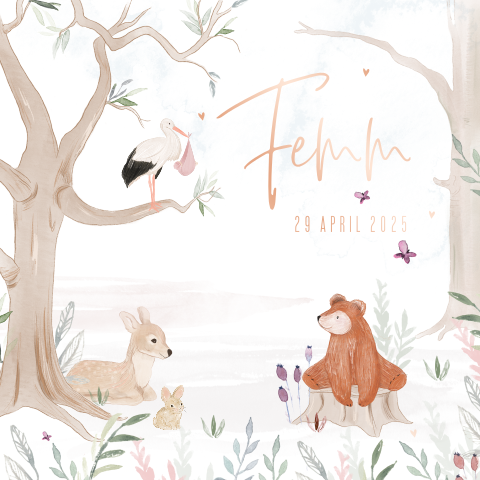 Lief geboortekaartje meisje met dieren uit het bos