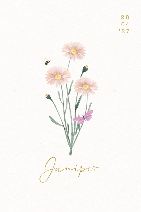 Geboortekaart meisje met roze geboortebloem april