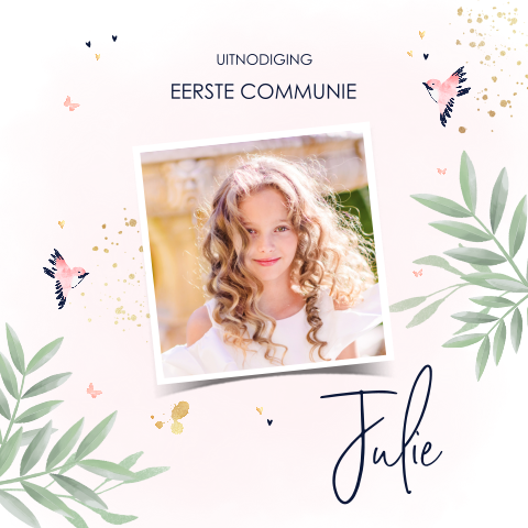 Communiekaart voor meisje met foto en vogeltjes