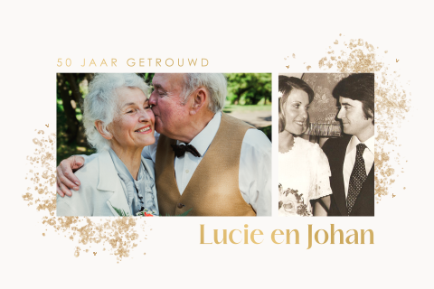 Stijlvolle uitnodiging gouden bruiloft met foto's en mat goudfolie