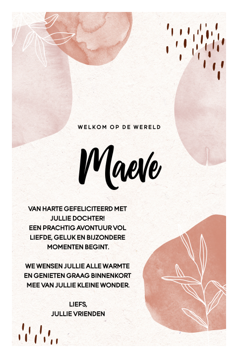 Wenskaart geboorte meisje met naam in zachtroze en beige aquarel stijl