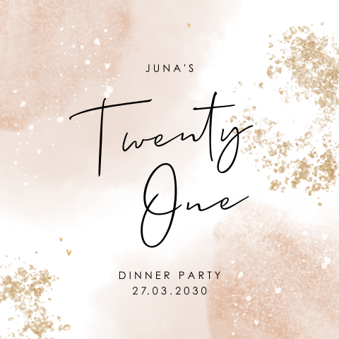 Uitnodiging 21 diner met roze watercolour en goudlook spetters