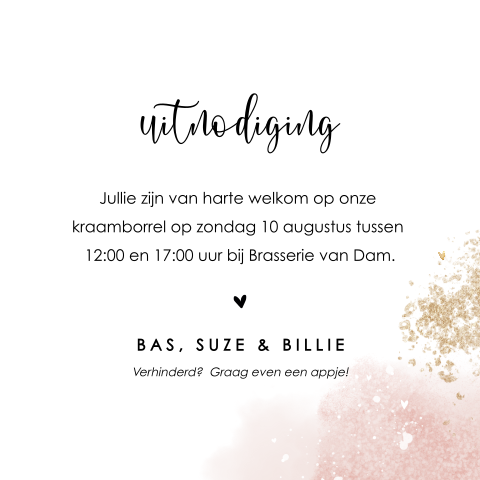 Kraamborrelkaartje meisje spetters en watercolour