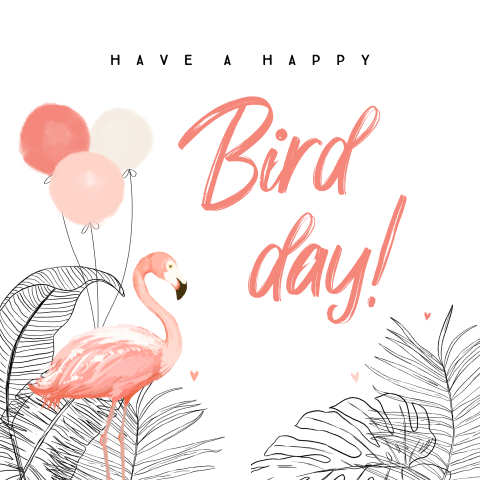 Vrolijke verjaardagskaart voor vrouw met flamingo en junglebladeren