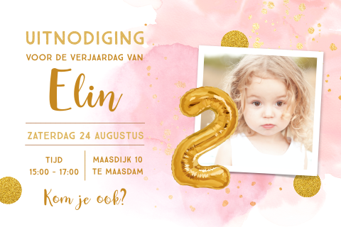 Verjaardag meisje uitnodiging met roze watercolour