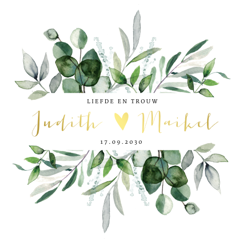 Botanische trouwkaart met goudfolie hartje