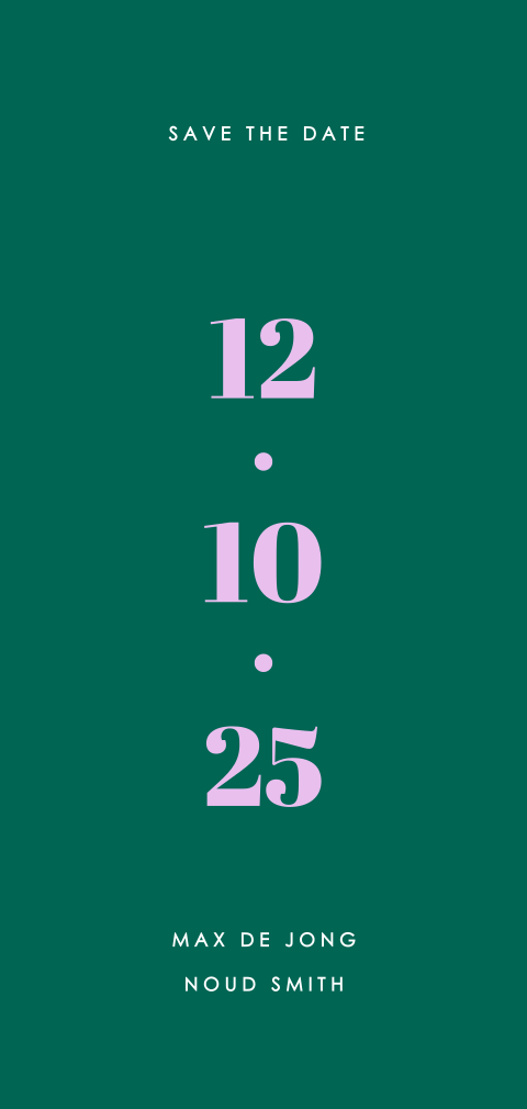 Save the Date kaartje met colourblocking donkergroen en lila